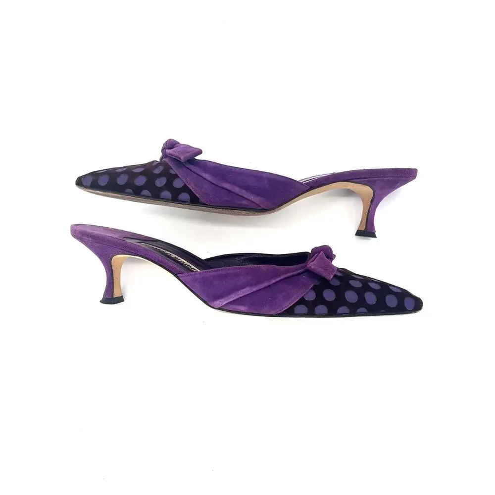 Manolo Blahnik Vintage Polka Dot Bow Pointed Toe Kitten Heel Mules 38.5 - Picture 5 of 9